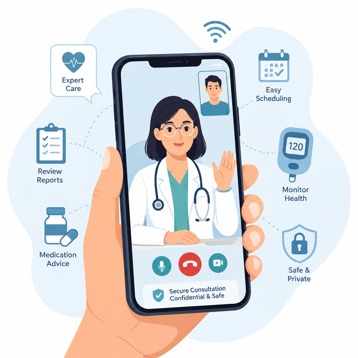 Illustration of an online diabetes tele-consultation with a doctor on a smartphone